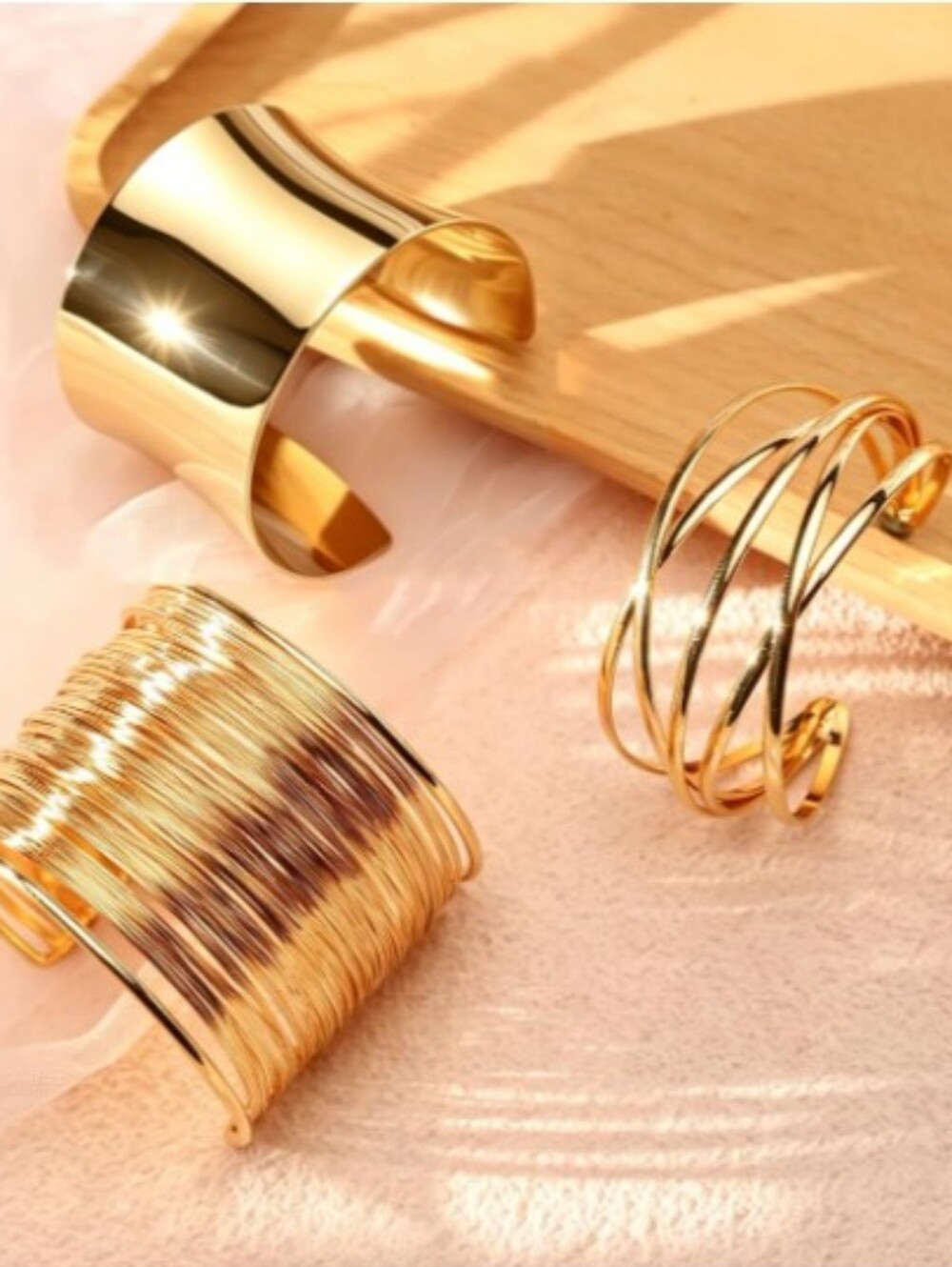 Gold Cuff Bracelet Set Bold Statement Wide Layered Chunky Bangle Jewelry 3Pc